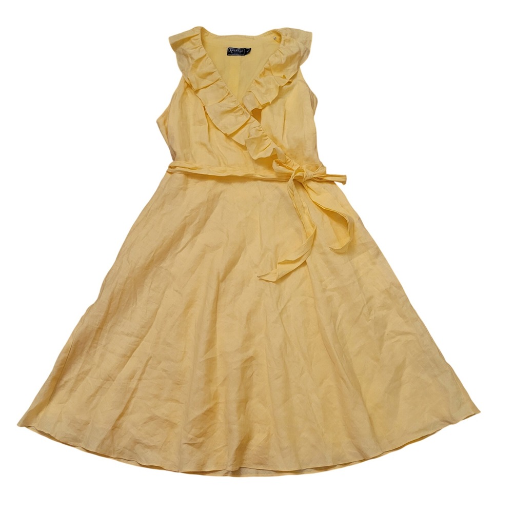 American Living 12 Surplice V Neck Dress Yellow Linen Ruffle Sleeveless Belted